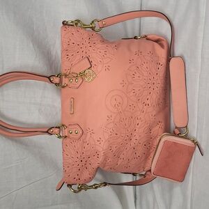 COACH Ashley Salmon Colored bag AND Wallet AND pink crystal heart key signature